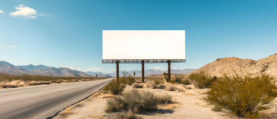 Mock up of a blank highway billboard surrounded by desert landscapes. Promotion information for marketing announcements and details
