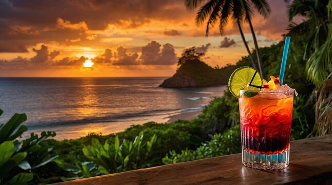 Experience a dramatic sunset cocktail moment on a tropical beach with vibrant colors and serene waves, perfect for relaxation and inspiration