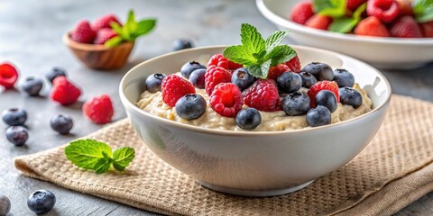 A delightful bowl of creamy porridge topped with a vibrant medley of plump raspberries and juicy blueberries, garnished with fresh mint leaves