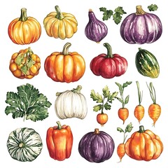 Watercolor Illustration of Assorted Autumn Vegetables and Pumpkins, Including Pumpkins, Squash, Peppers, Carrots, and Cloudberries.