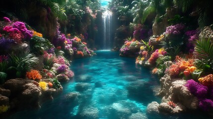 Obraz premium Vibrant Tropical Waterfall Pool Paradise Lush Garden