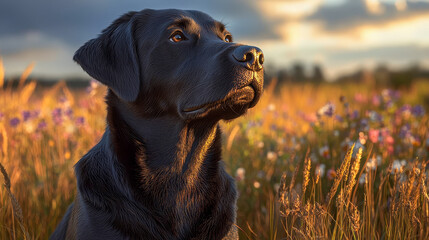 A Labrador Retriever sits in a field of tall grass