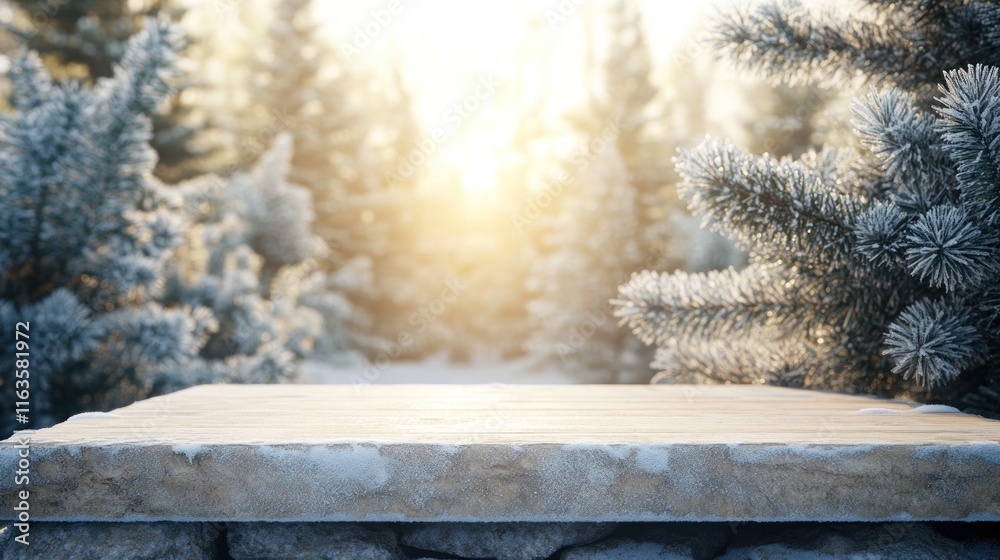 Poster frosty winter scene with stone surface for product display.