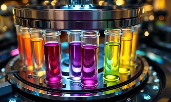 Colorful test tubes in a scientific apparatus for experiments.