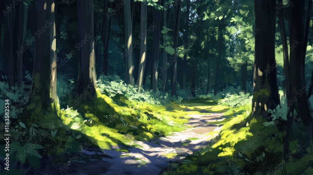 Aufkleber sunlit path through lush green forest with tall trees and mossy ground.