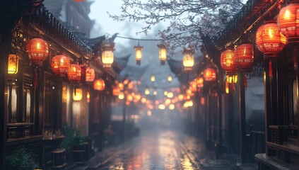 Obraz premium Rainy Night in a Chinese Town: Illuminated Street with Red Lanterns