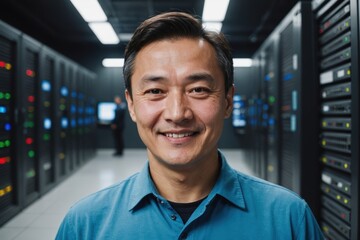 Close portrait of a smiling senior Kazakh male IT worker looking at the camera, against dark server room blurred background.