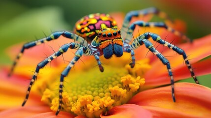 A vividly colored spider perched on a vibrant flower, showcasing nature's beauty.