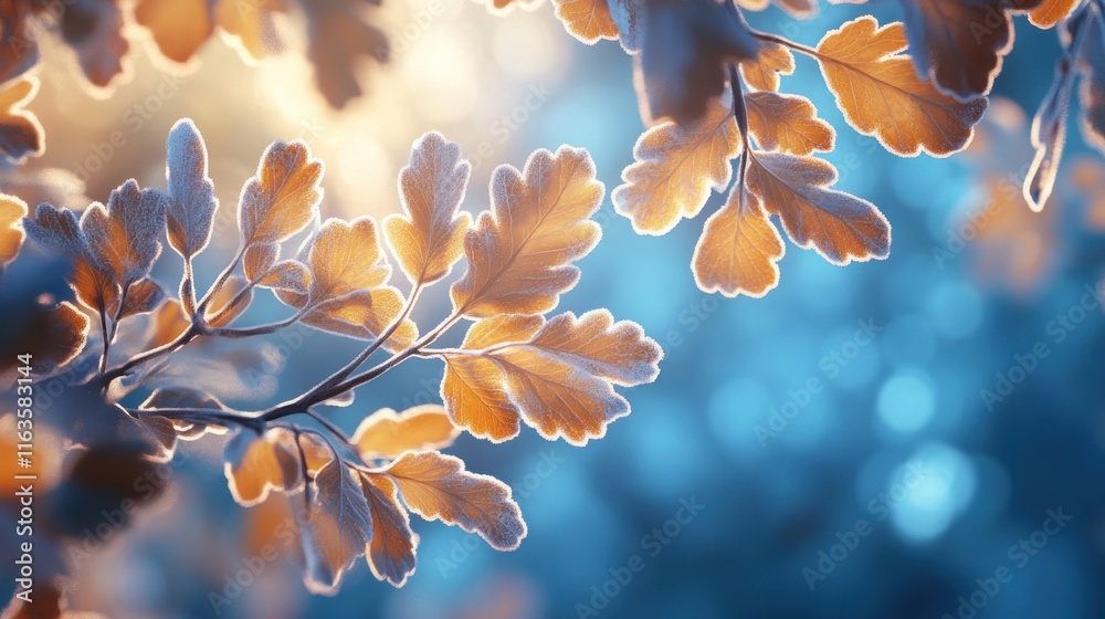 Aufkleber close-up of frost-covered leaves backlit by sunlight, creating a dreamy, ethereal effect.