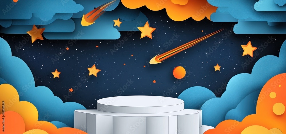 Poster paper art style cosmic background with a platform.