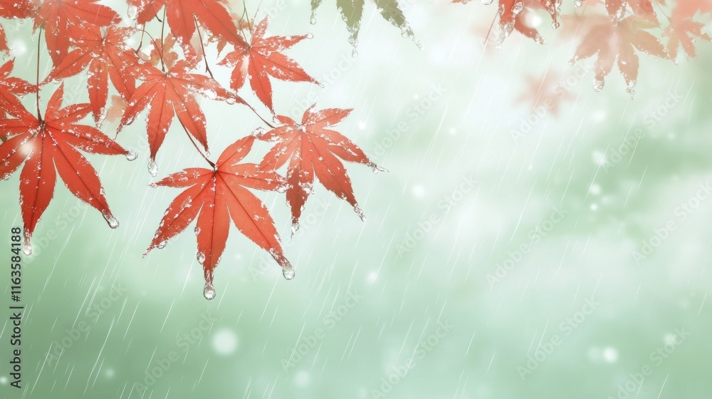 Poster Red maple leaves with rain drops on a branch, soft-focus background.