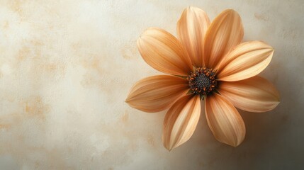 Single orange dahlia like flower on light textured beige background