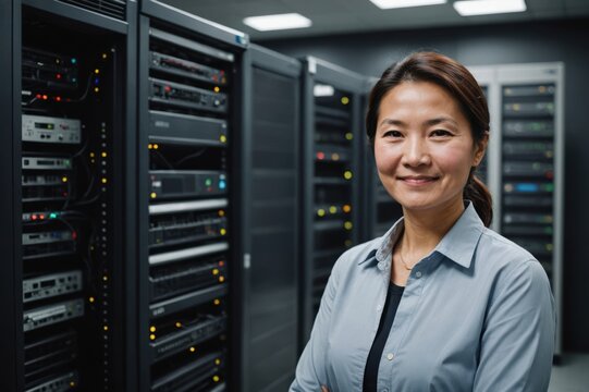 Close portrait of a smiling senior Kyrgyz female IT worker looking at the camera, against dark server room blurred background. - Powered by Adobe