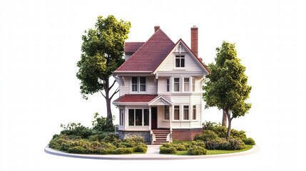 Modern house on natural landscape isolated on white background