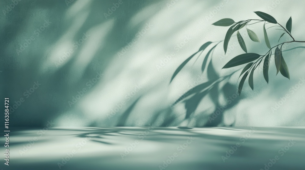 Poster Serene studio shot of eucalyptus branch casting shadows on a minimalist backdrop.