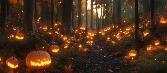 Obraz premium Halloween pumpkins lit in a forest path.