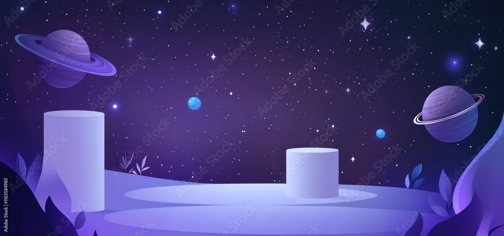Poster cosmic display with planets and platforms in a dreamy night sky.