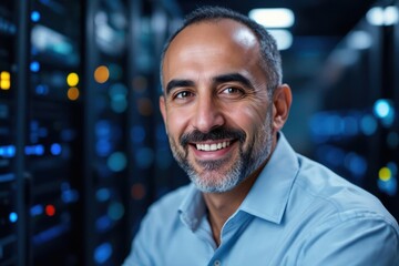 Fototapeta premium Close portrait of a smiling senior Lebanese male IT worker looking at the camera, against dark server room blurred background.