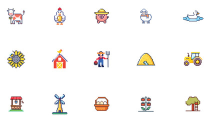 Charming Pixel Farm Icons for Game UI and Logos – Perfect for Adding a Whimsical Touch to Farm-Themed Projects, Character Illustrations, and Visual Storytelling in Creative Designs