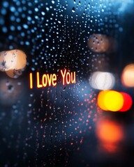 Obraz premium A close-up view of raindrops on a window, featuring the illuminated text 'I Love You' creating a romantic atmosphere.