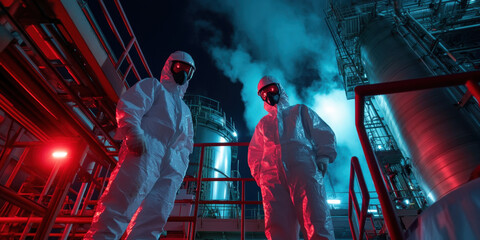 Obraz premium Two workers dressed in protective gear examine industrial machinery illuminated by striking red and blue lights after dark. The location suggests a high-tech chemical plant.