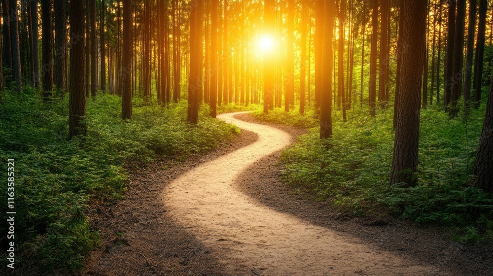 Poster winding path through sunlit forest with tall trees and lush greenery.