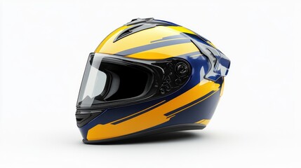 Fototapeta premium Yellow and blue racing helmet, isolated on white background.