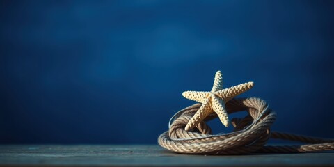 Fototapeta premium A nautical still life featuring a starfish resting on a coil of rope against a deep blue backdrop.
