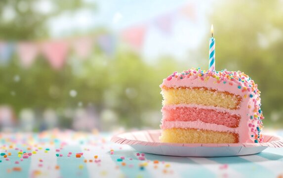 A colorful birthday cake, layered with pink frosting and sprinkles, set against a sunny outdoor backdrop, perfect for celebrations. - Powered by Adobe