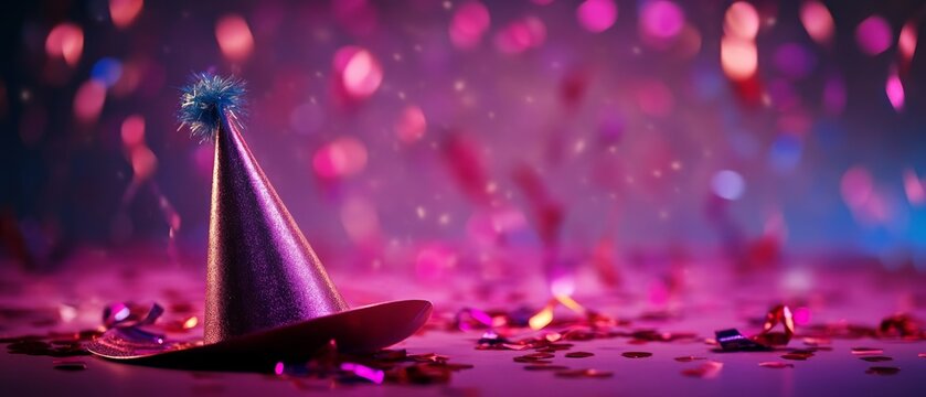 A colorful party scene featuring a festive party hat surrounded by shimmering confetti, perfect for celebrating joyful moments.