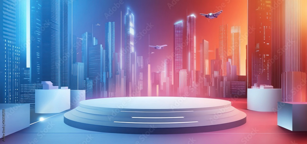 Poster futuristic city skyline backdrop with empty stage and flying drones.