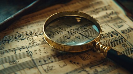 Antique sheet music magnified with magnifying glass.