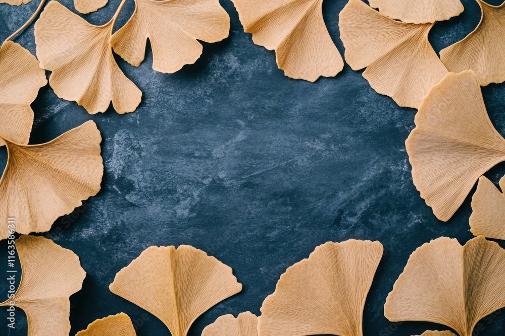 Aufkleber dried ginkgo leaves arranged in a frame on a dark background, leaving a central empty space.