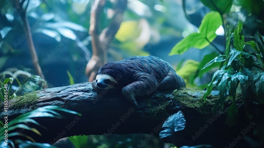 Poster sloth sleeping on a tree branch in a lush rainforest.