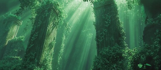 Obraz premium Sunbeams pierce overgrown ancient ruins underwater.