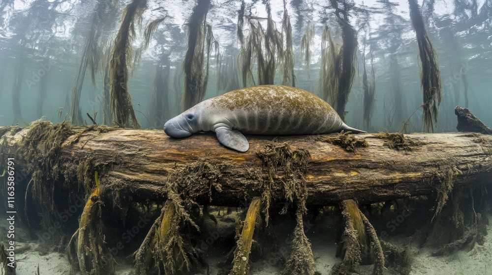 Poster a manatee rests on a submerged log in a murky, mangrove-filled river.