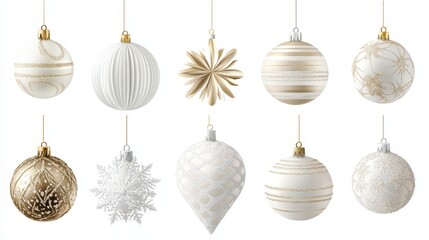 Christmas decorations vector collection. Realistic 3D white gold trendy decorations for Christmas design isolated on white.