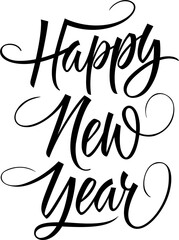 Obraz premium Handwritten Happy New Year lettering with elegant swirls on a festive background.