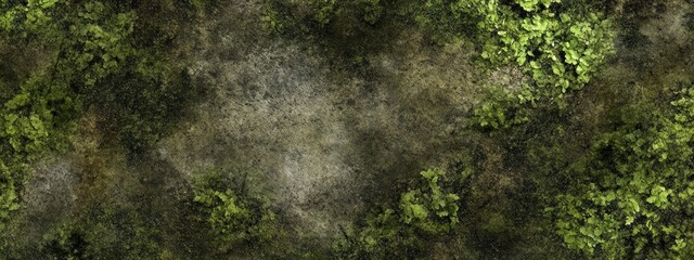 Aerial view of dense green foliage and rocky ground.