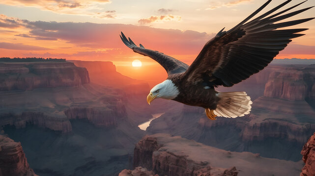 A majestic eagle soaring over a vast canyon, with a dramatic watercolor sunset illuminating the scene