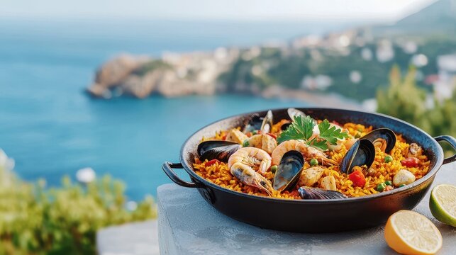 A vibrant paella dish with seafood, garnished with herbs, set against a stunning coastal backdrop.