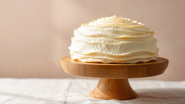 Japanese cream cake elegantly decorated on wooden cake stand with soft pastel background
, bese