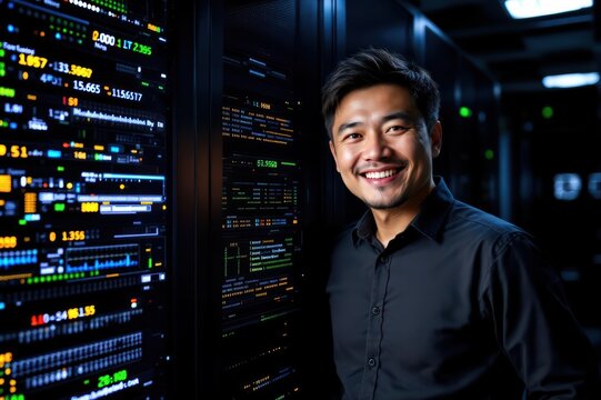  portrait of a smiling senior Malaysian male IT worker looking at the camera, against dark server room  background.