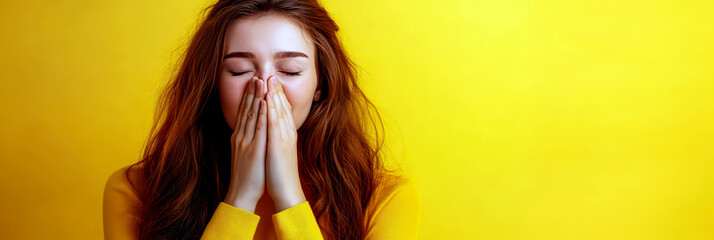 Raising awareness for allergy awareness week with focus on health and wellness. Horizontal banner. Copy space. Sneezing woman on a yellow background