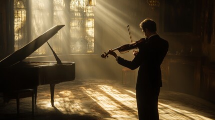 Fototapeta premium Man in suit playing violin in sunlit grand room with piano.