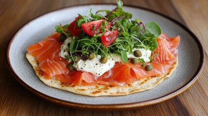 A vibrant dish featuring smoked salmon, fresh greens, and creamy toppings served on a round plate, showcasing culinary artistry.