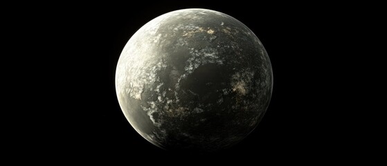 Dark, grey planet with light patches, isolated on black background.