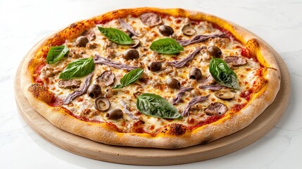 A delicious pizza topped with olives, red onions, and fresh basil on a golden crust.