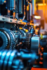 Fototapeta premium Closeup Detailed Shot of Industrial Machinery Gears and Components in a Factory Setting