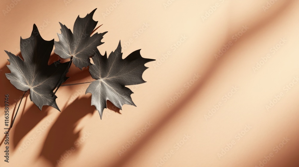 Poster Three dark maple leaves arranged on a peach background, casting shadows.